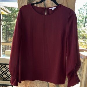 Naked Zebra M Burgundy Blouse Wine Red Round Jewel Neck Long Ruffle Sleeves